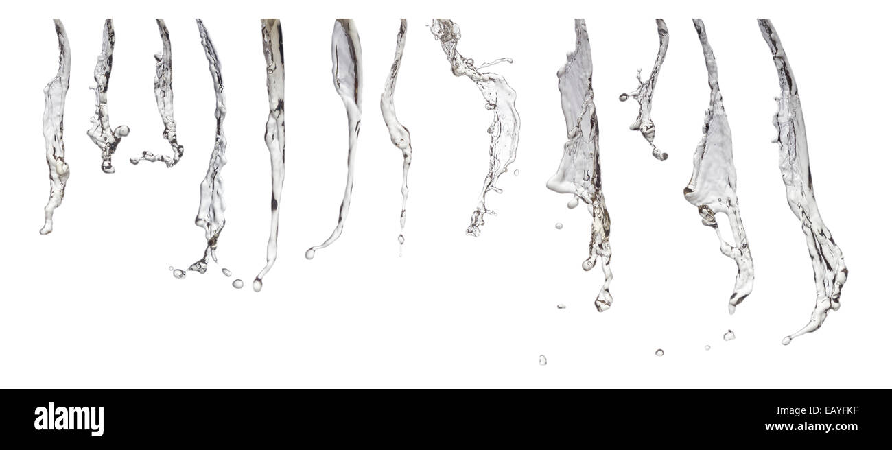 Collection of various silver gray water jets and spashes isolated on white background Stock Photo