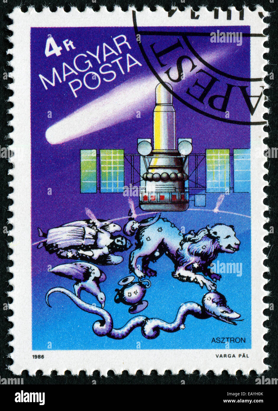 HUNGARY - CIRCA 1986: A stamp printed in Hungary shows the USSR's Astron UV and X-ray astrophysical observations satellite which Stock Photo