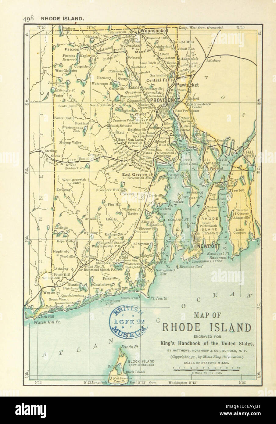 US-MAPS(1891) p500 - MAP OF RHODE ISLAND Stock Photo