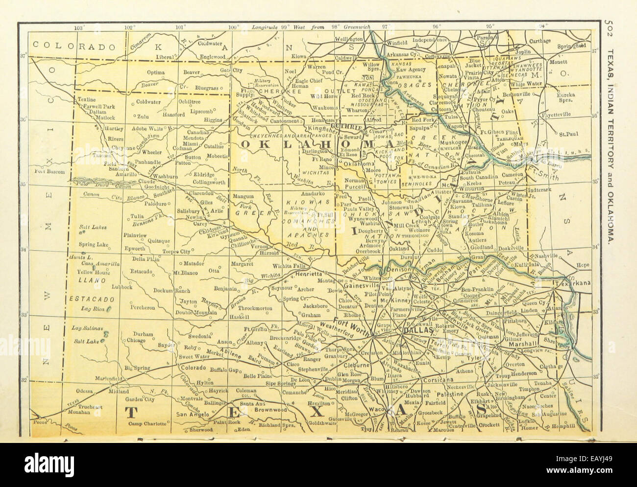 US-MAPS(1891) p504 - MAP OF TEXAS, OKLAHOMA AND INDIAN TERRITORY (l) Stock Photo