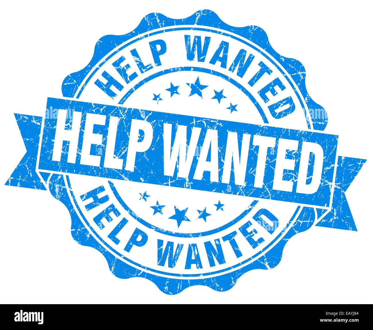 Help Wanted Blue Lettering Help wanted grunge blue vintage round isolated seal Stock Photo - Alamy