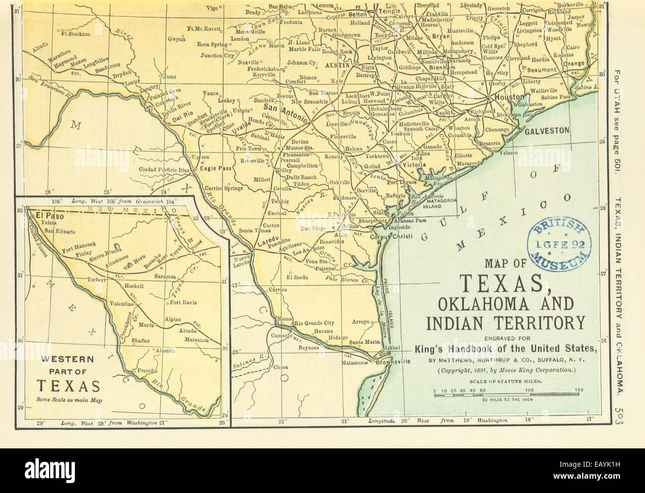 US-MAPS(1891) p505 - MAP OF TEXAS, OKLAHOMA AND INDIAN TERRITORY (r) Stock Photo