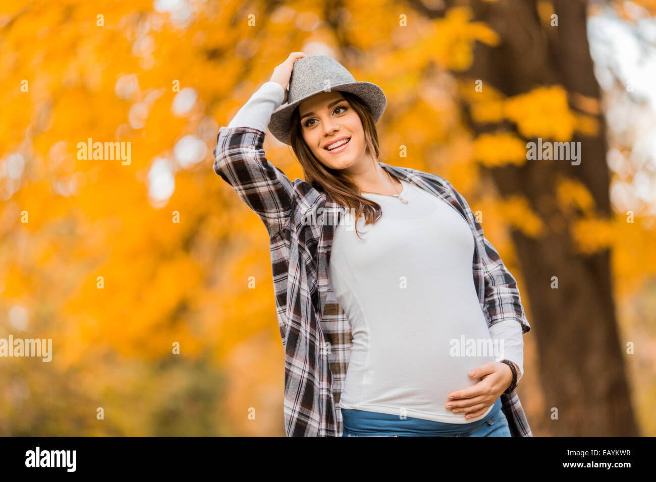 Young pregnant woman in the autumn park Stock Photo - Alamy