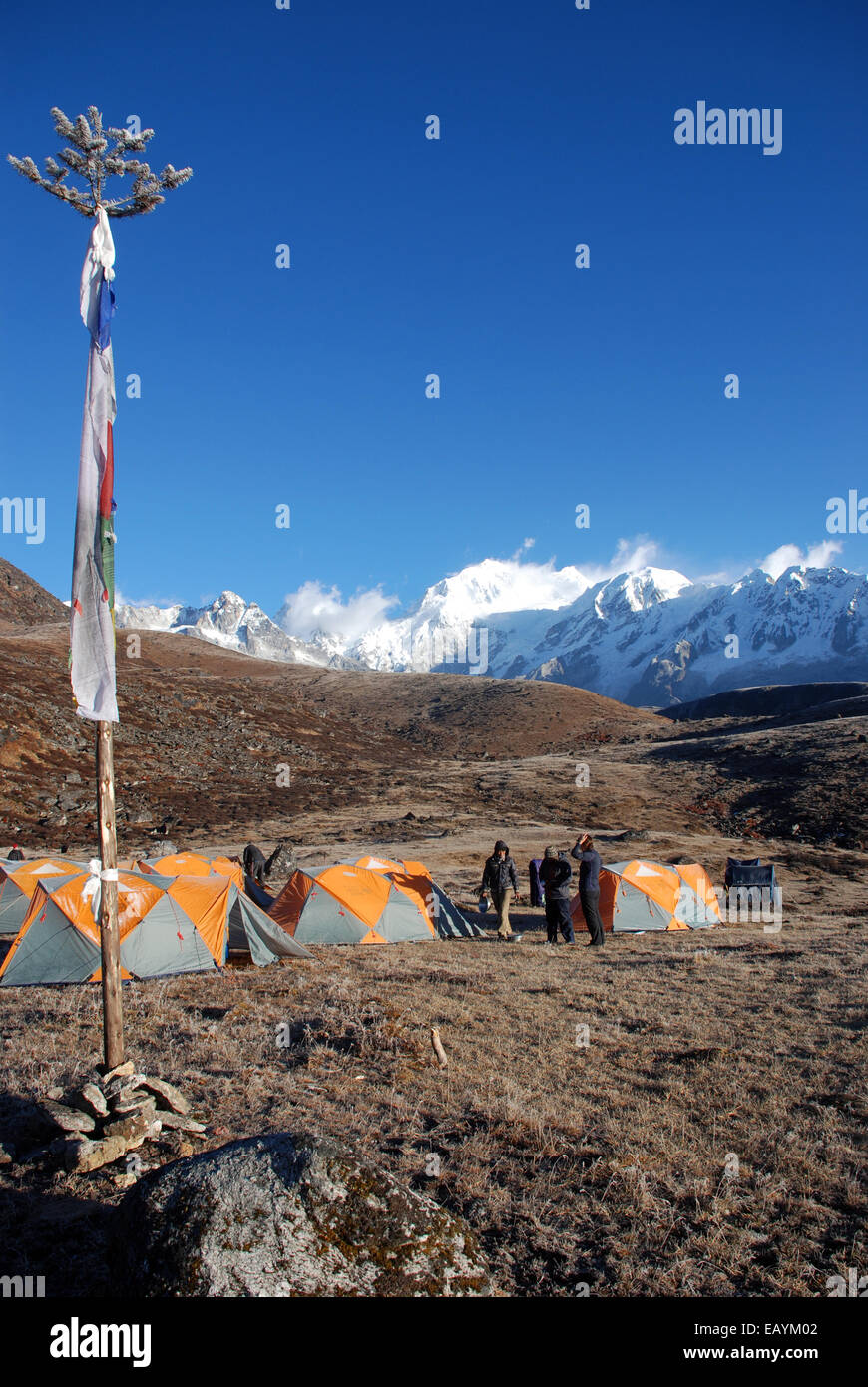 A campsite on the Singalila ridge in the Indian Himalayas close to Kanchenjunga Stock Photo