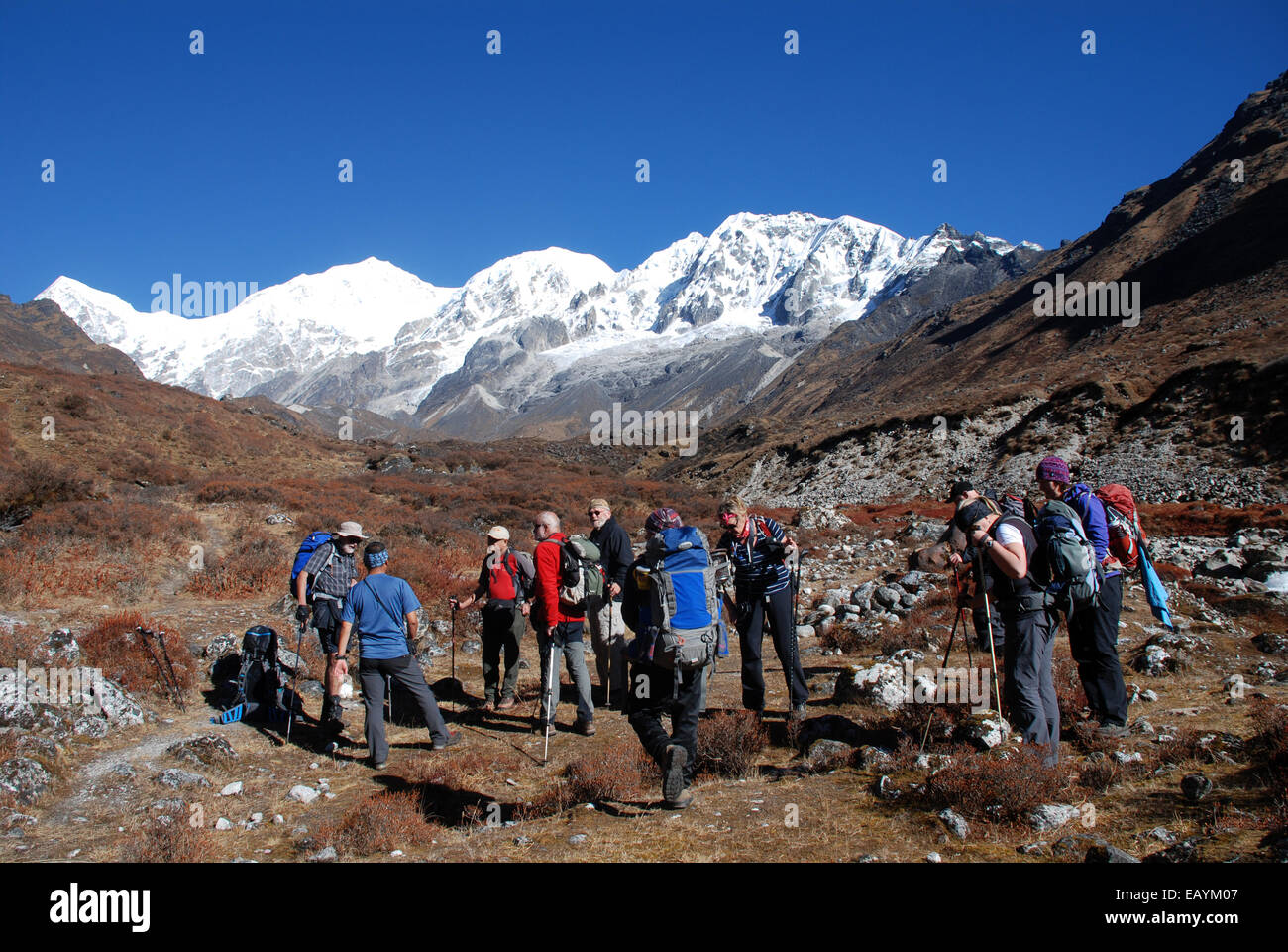 A group of trekkers in the high mountains of the Indian Himalaya close to Kangchenjunga Stock Photo