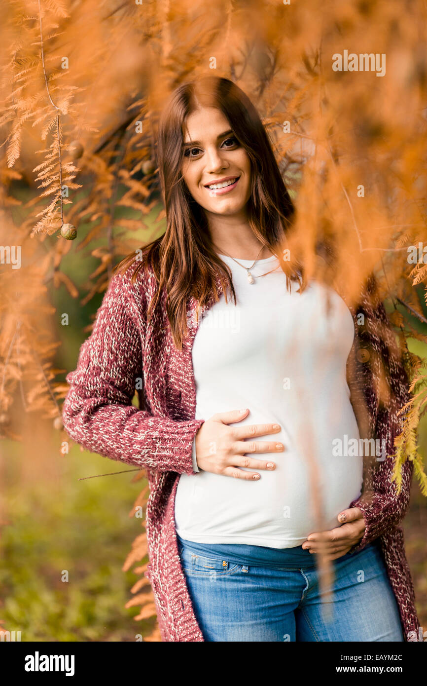 Young pregnant woman in the autumn park Stock Photo - Alamy