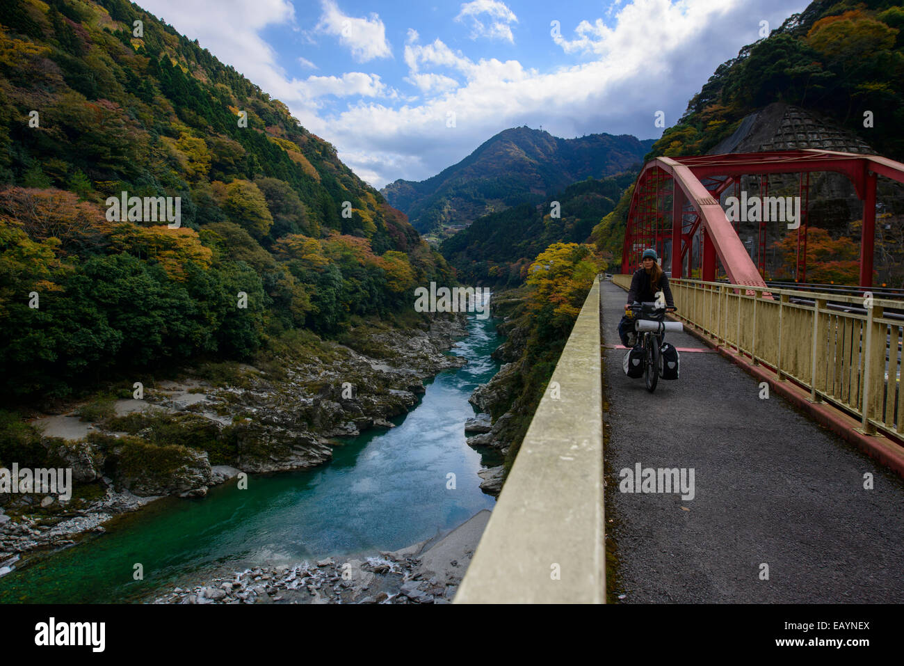 Cycling along the Koboke canyon, Shikoku island, Japan Stock Photo