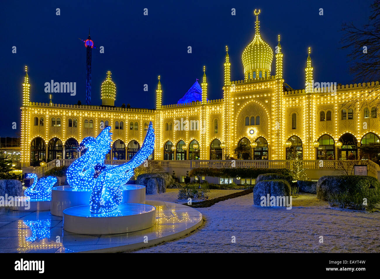 Christmas lit restaurant Nimb in Tivoli, Copenhagen, Denmark, Europe Stock Photo