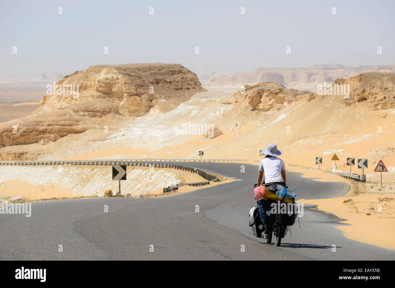 Cycling in the Sahara White desert, Egypt Stock Photo