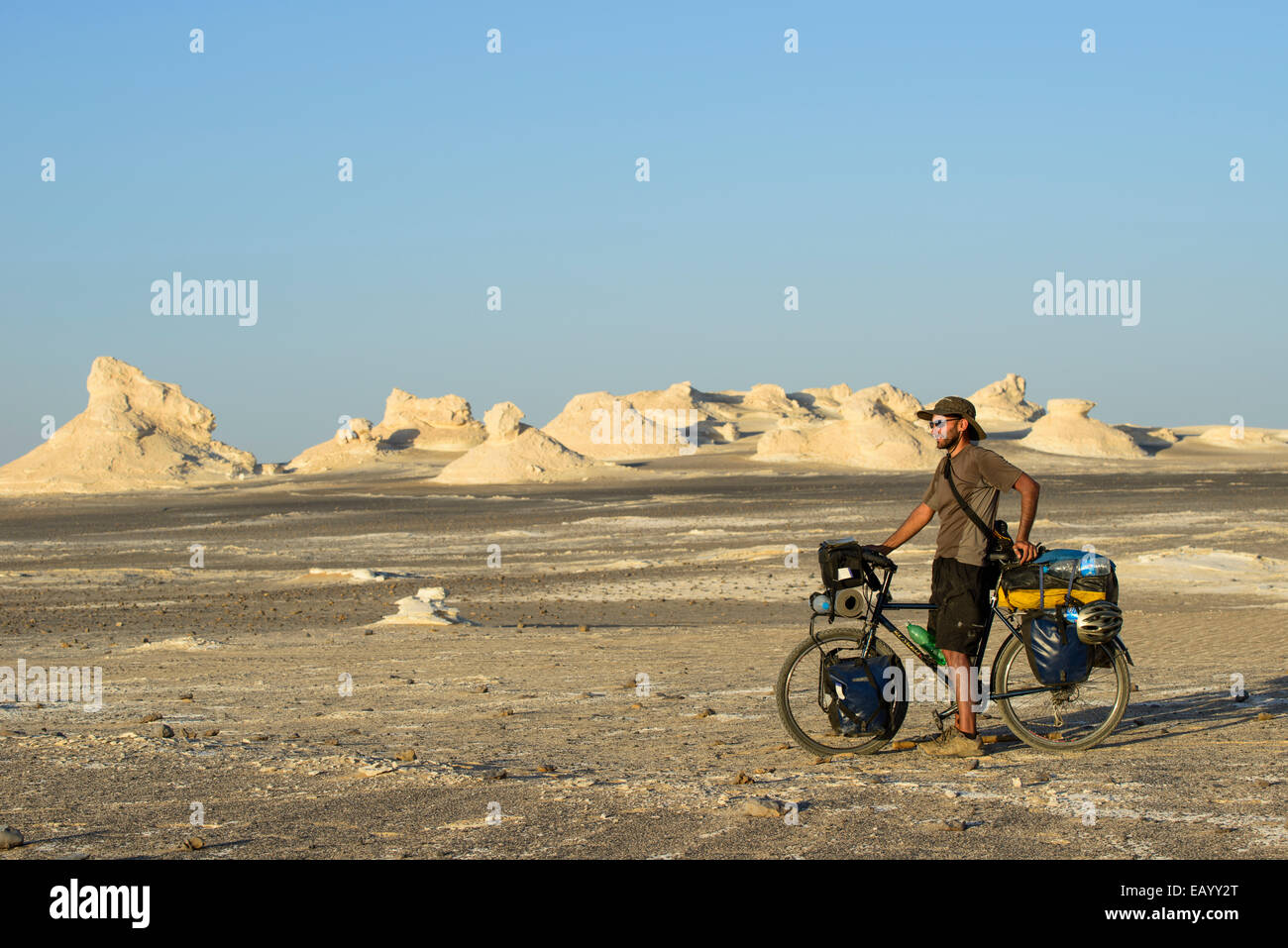Cycling in the Sahara White desert, Egypt Stock Photo