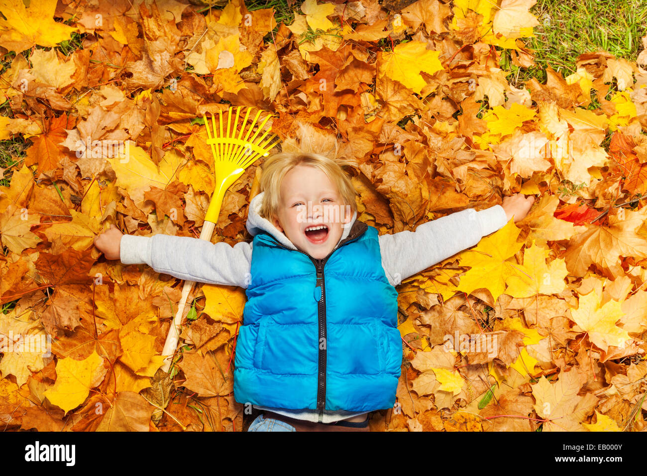 Laughing boy laying on the autumn leaves with rake Stock Photo - Alamy