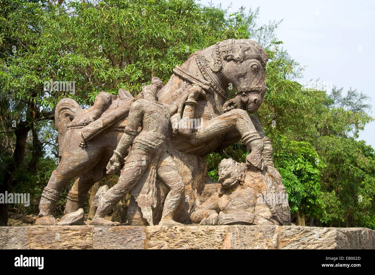 Sculpture of war horse crossing over soldier at Sun Temple, Konark, Orissa, India, Asia Stock Photo