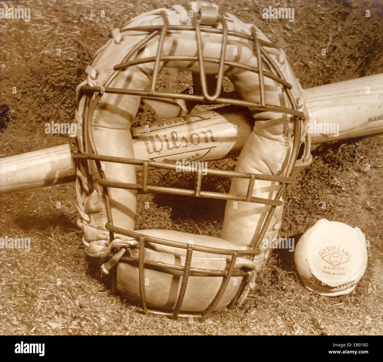 Still-life of vintage baseball bat, ball and catcher's mask, circa 1945  Stock Photo - Alamy