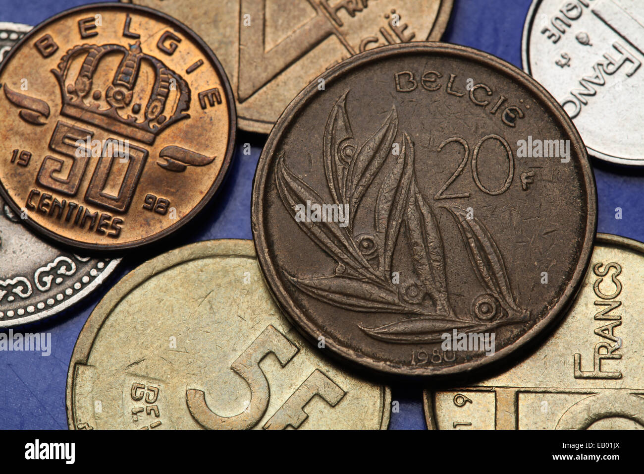 Coins of Belgium. Stylized olive branch with eight leaves depicted on