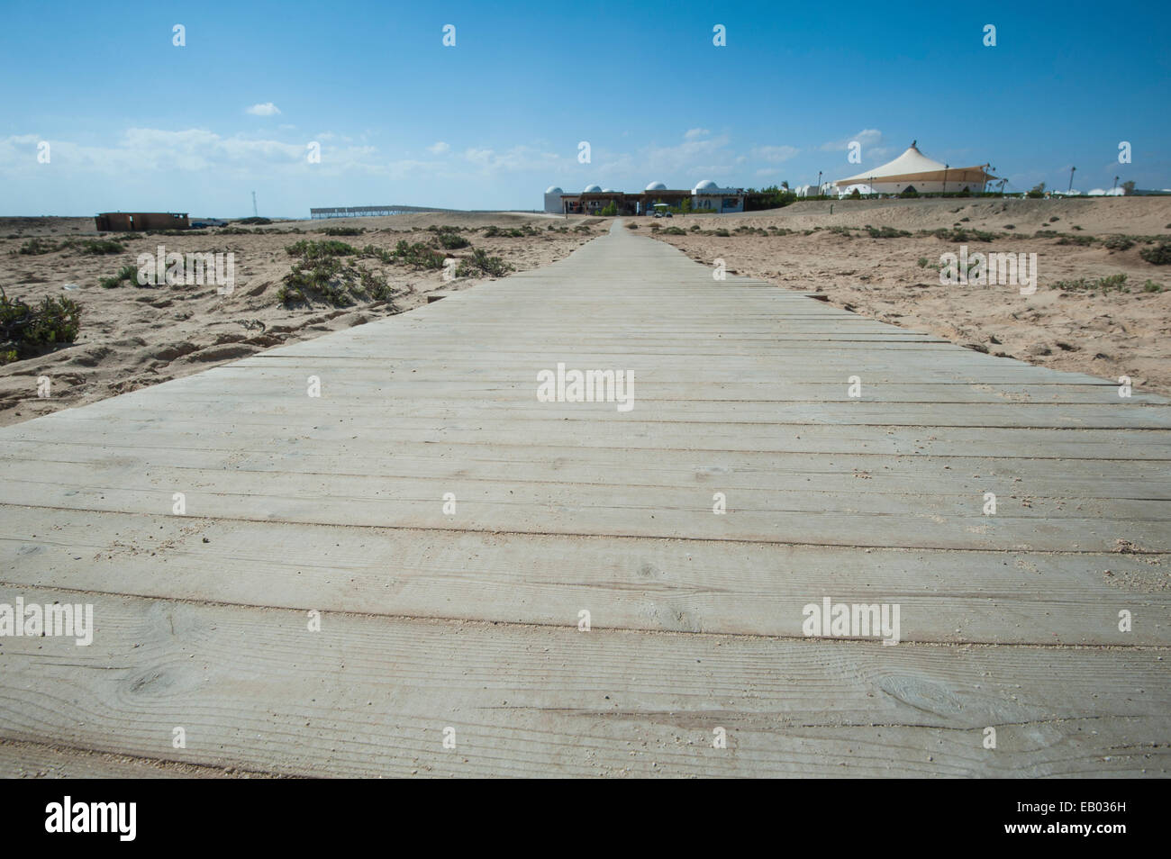 Closeup detail of wooden planking walkway across desert sand dune Stock Photo