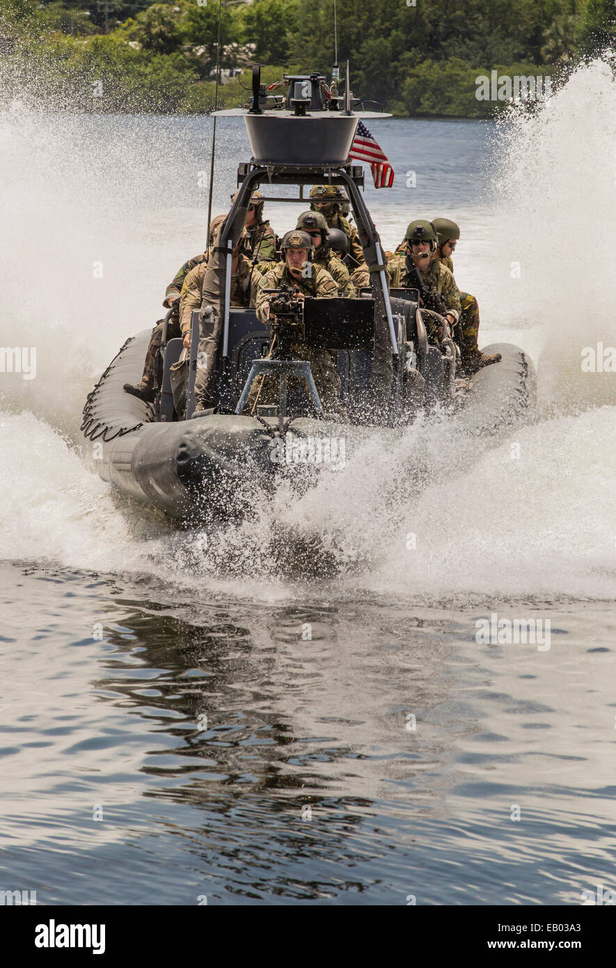 Seal Team RIB landing craft (SOFIC 2014) during an insertion demo in Tampa, Fl's Hillsborough River. Stock Photo