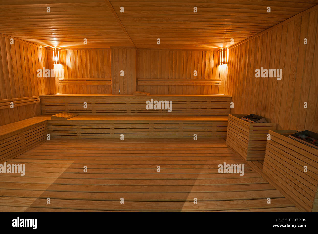 Interior of large sauna room in luxury health spa Stock Photo
