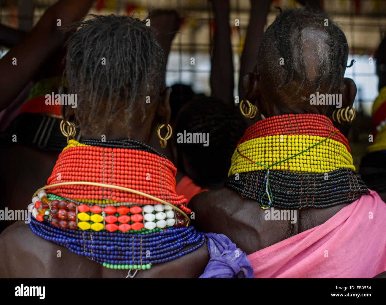 Necklaces, earrings and hairstyle of the Turkana women, Kenya Stock Photo