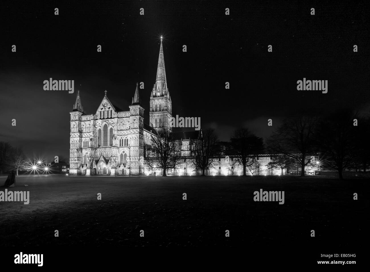 Salisbury cathedral floodlit on a starry night Stock Photo