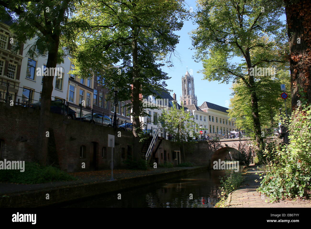 Nieuwegracht, a tree-shaded canal with old  lowered wharves in the  medieval inner city of  Utrecht, The Netherlands Stock Photo