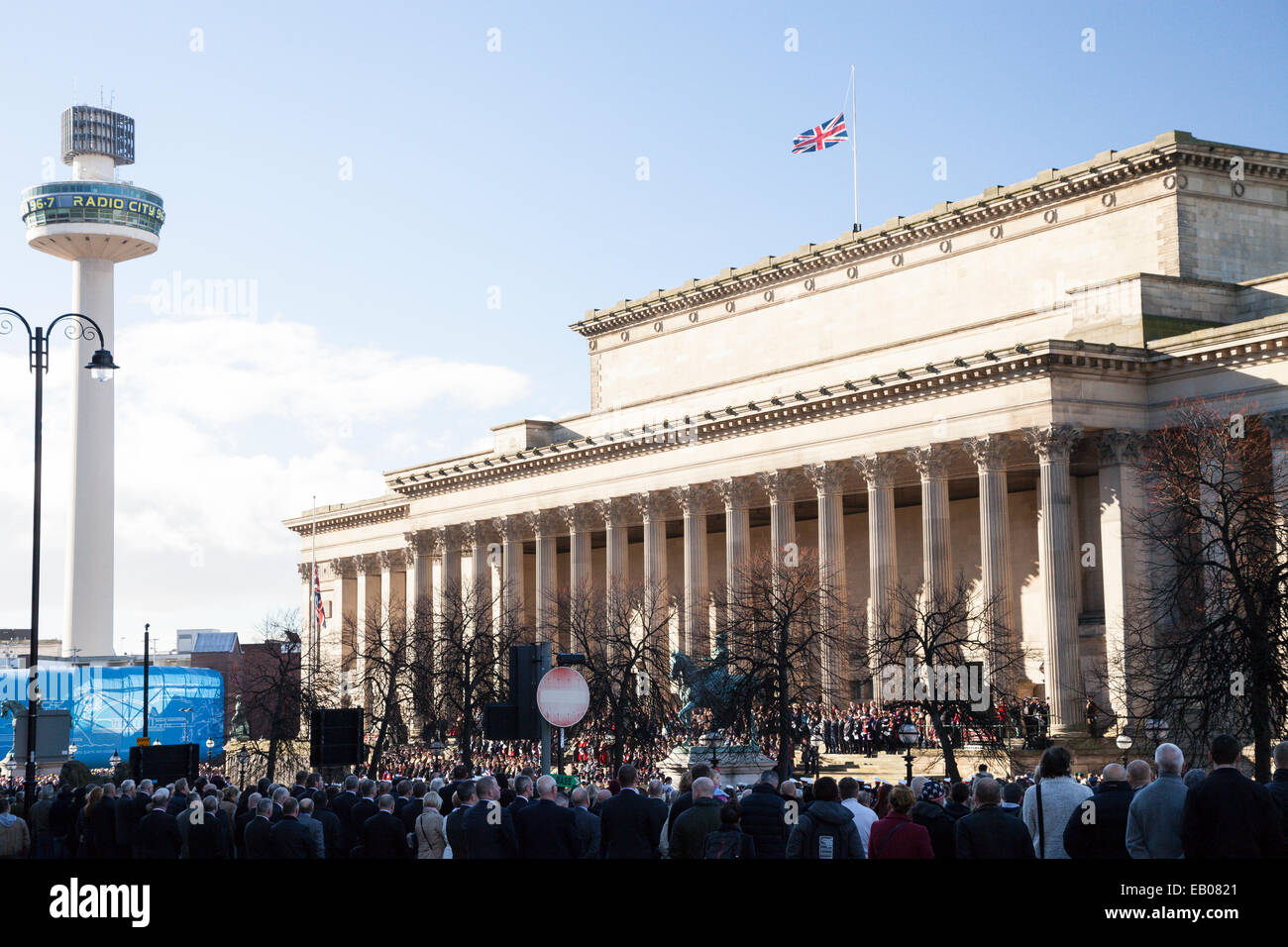 The Union Flag at half mast on top of St Hall in Liverpool on