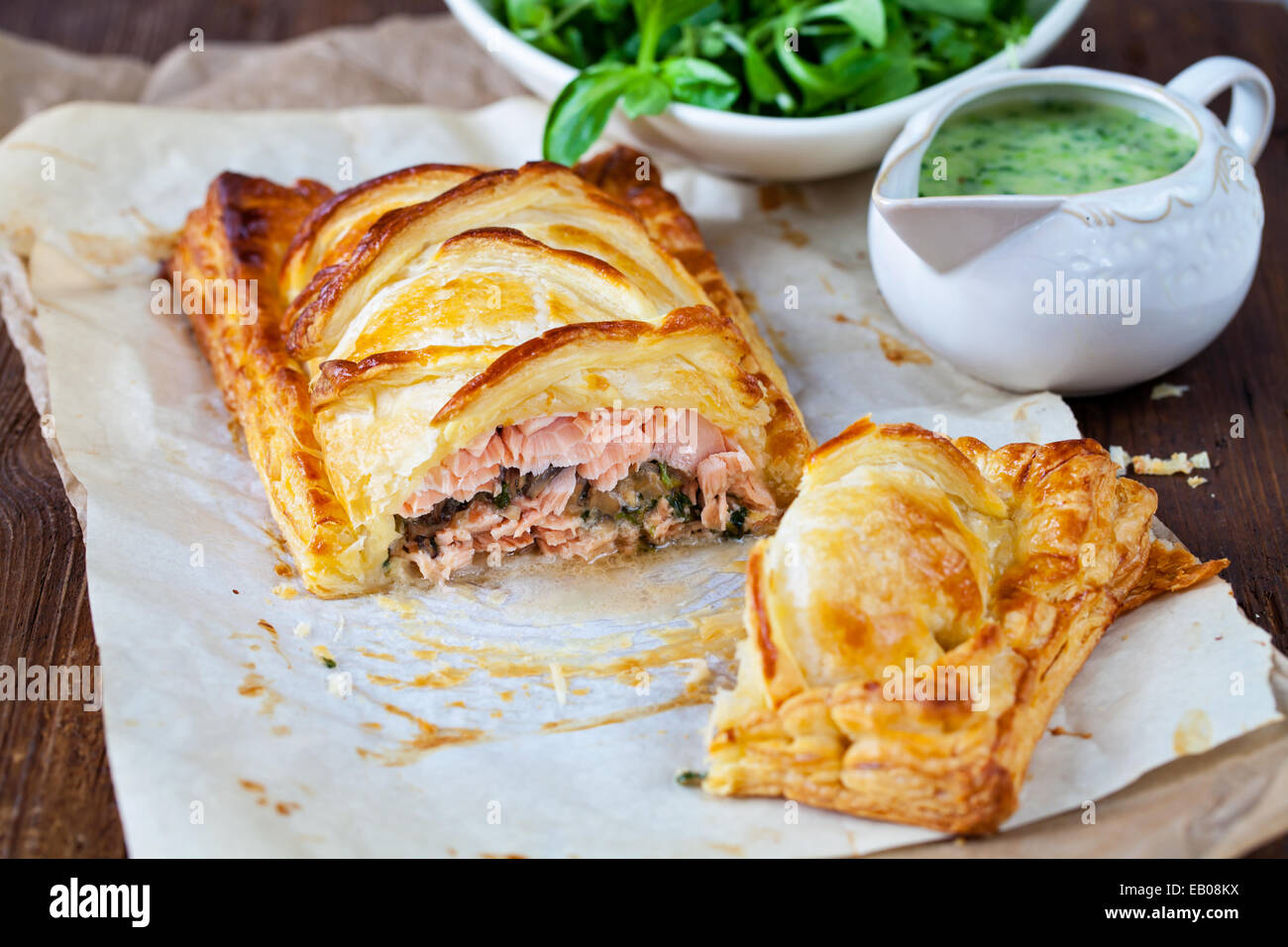 Salmon en croute with mushroom and watercress filling Stock Photo Alamy