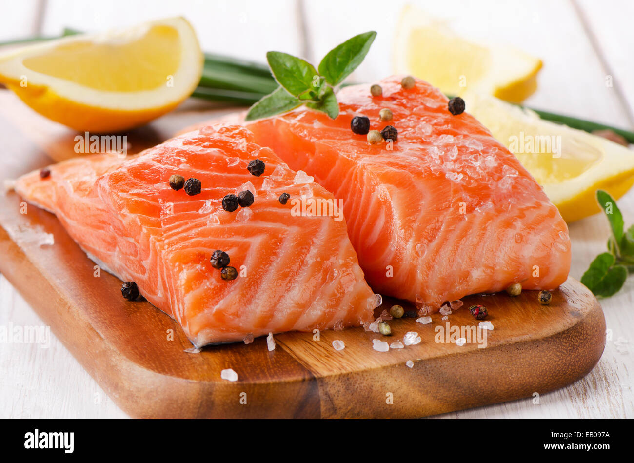Salmon on a wooden board . Selective focus Stock Photo