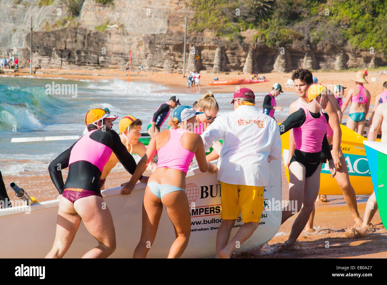 Summer surfboat racing carnival competition amongst surfclubs located on Sydney's northern beaches begins at Bilgola Beach,Sydney,Australia Stock Photo
