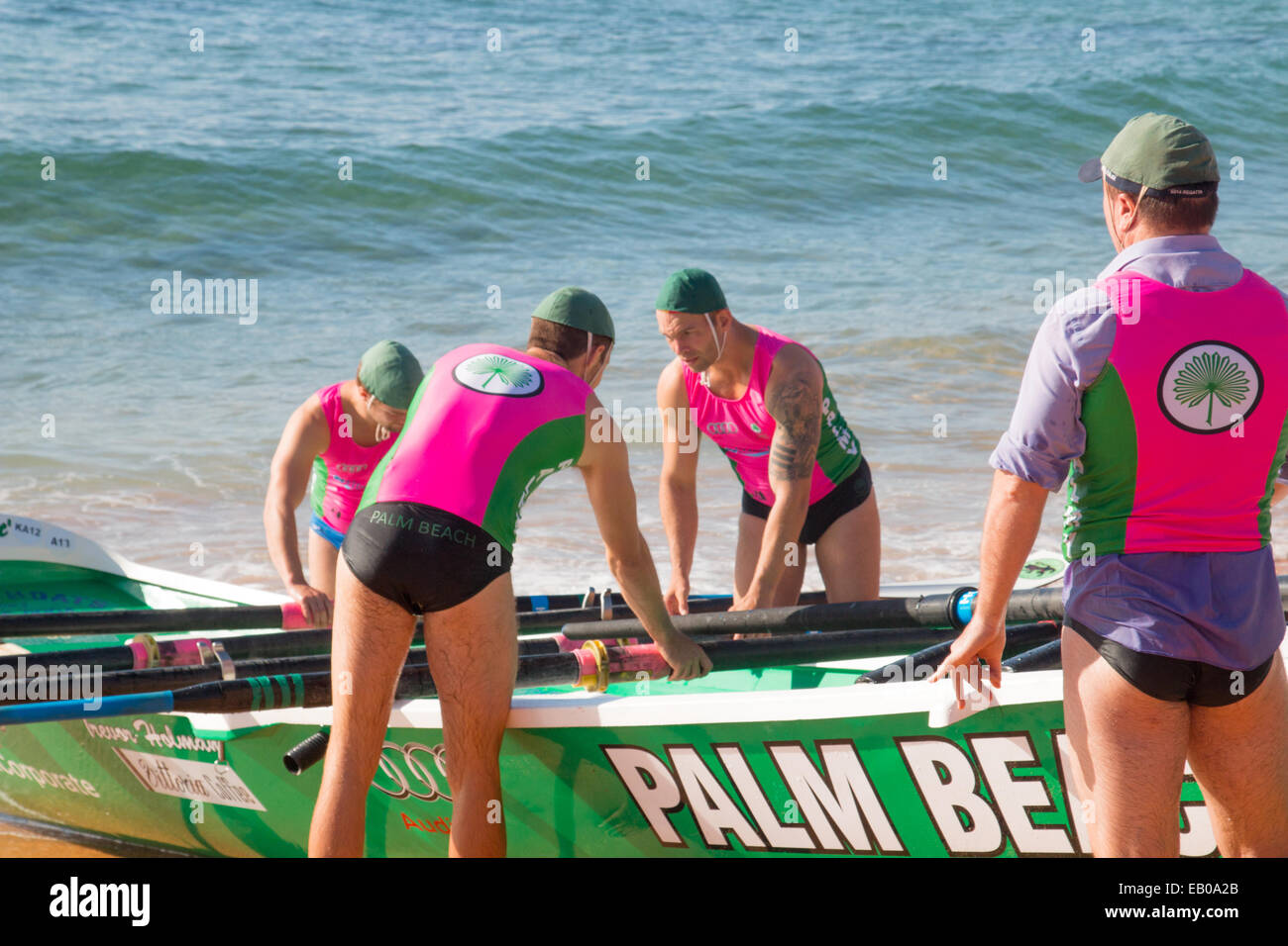 Summer surfboat racing competition amongst surfclubs located on Sydney's northern beaches begins at Bilgola Beach. Stock Photo