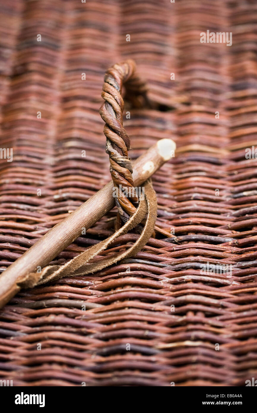 Detail on the lid of a woven basket. Stock Photo