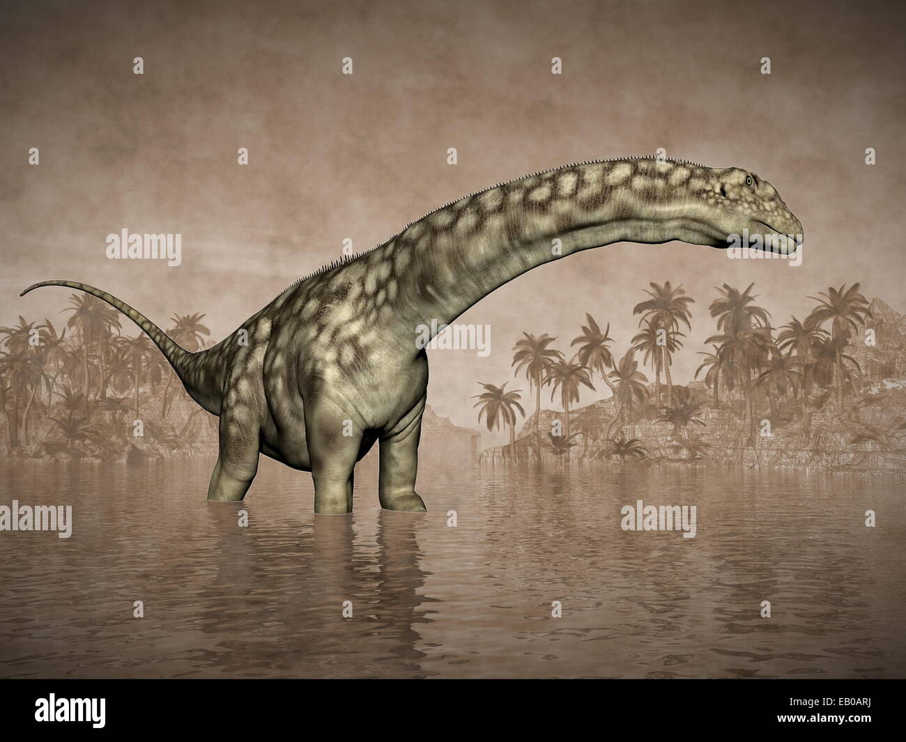 Argentinosaurus dinosaur in water next to islands with palm trees by ...