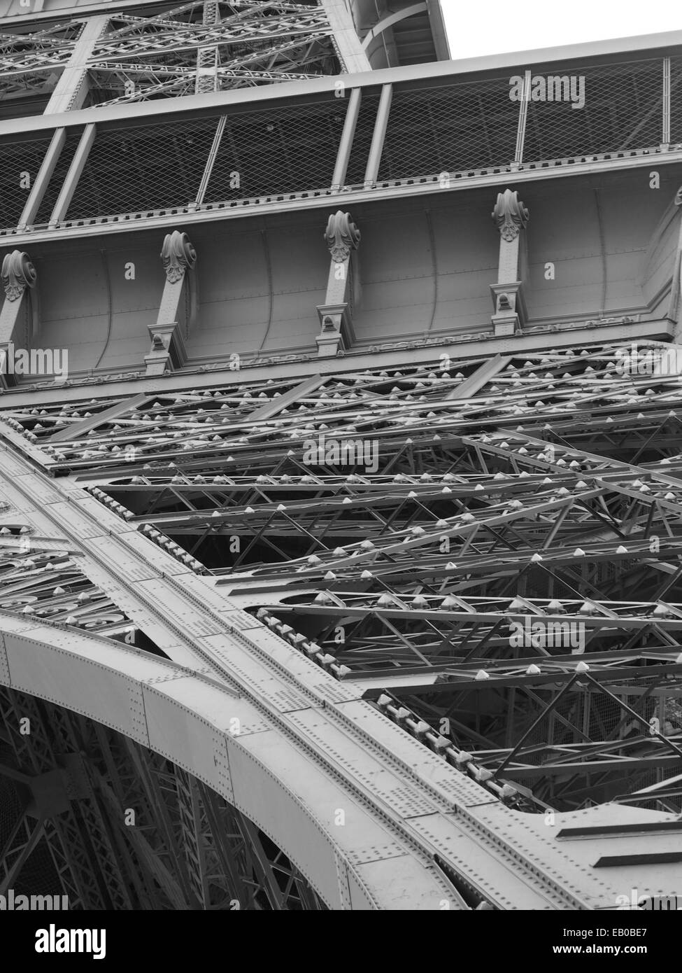 close up photo of first floor of the Eiffel Tower in black and white Stock Photo