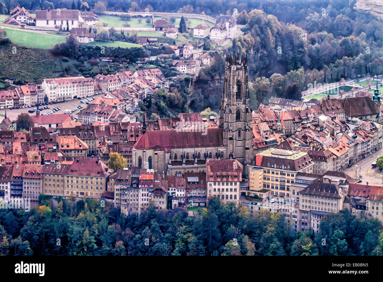 Aerial View Of Cathedral Of St Nicholas In Fribourg Switzerland Stock aerial-view-of-cathedral-of-st-nicholas-in-fribourg-switzerland-stock