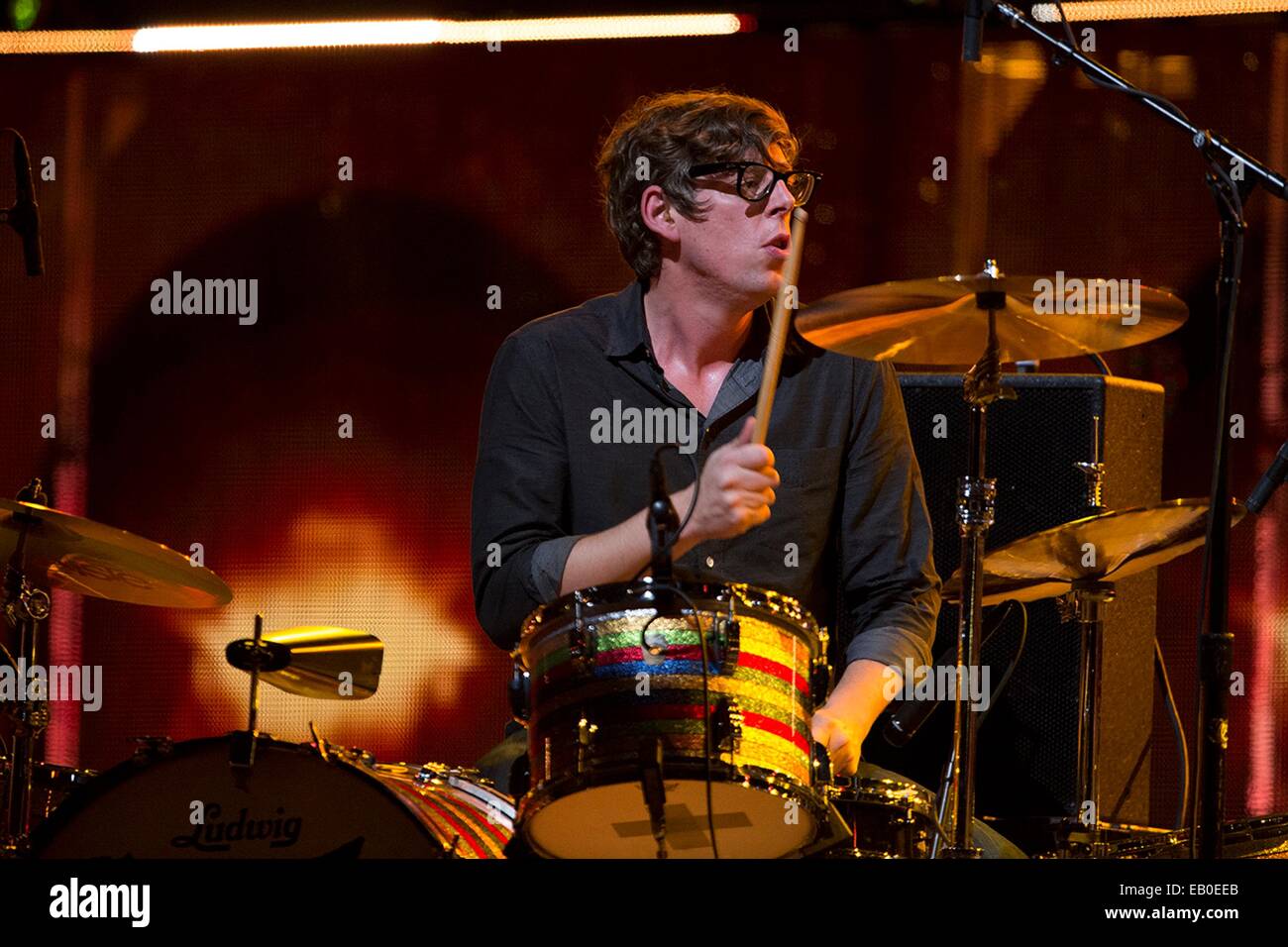 Patrick Carney, drummer of the band The Black Keys, performs during the Concert for Valor November 11, 2014 in Washington, D.C. Stock Photo
