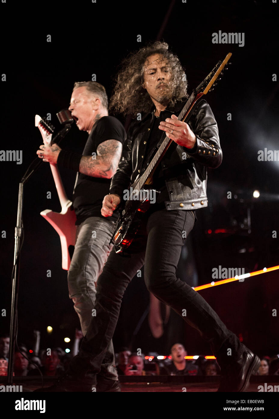 Kirk Hammett, guitarist and James Hetfield, front man of Metallica perform during the Concert for Valor November 11, 2014 in Washington, D.C. Stock Photo