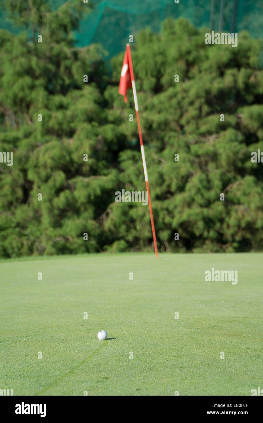 white golf ball on a green with a flag Stock Photo