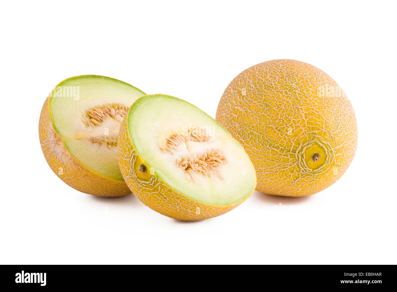 Fresh galia melon slices isolated on white background, fruits Stock