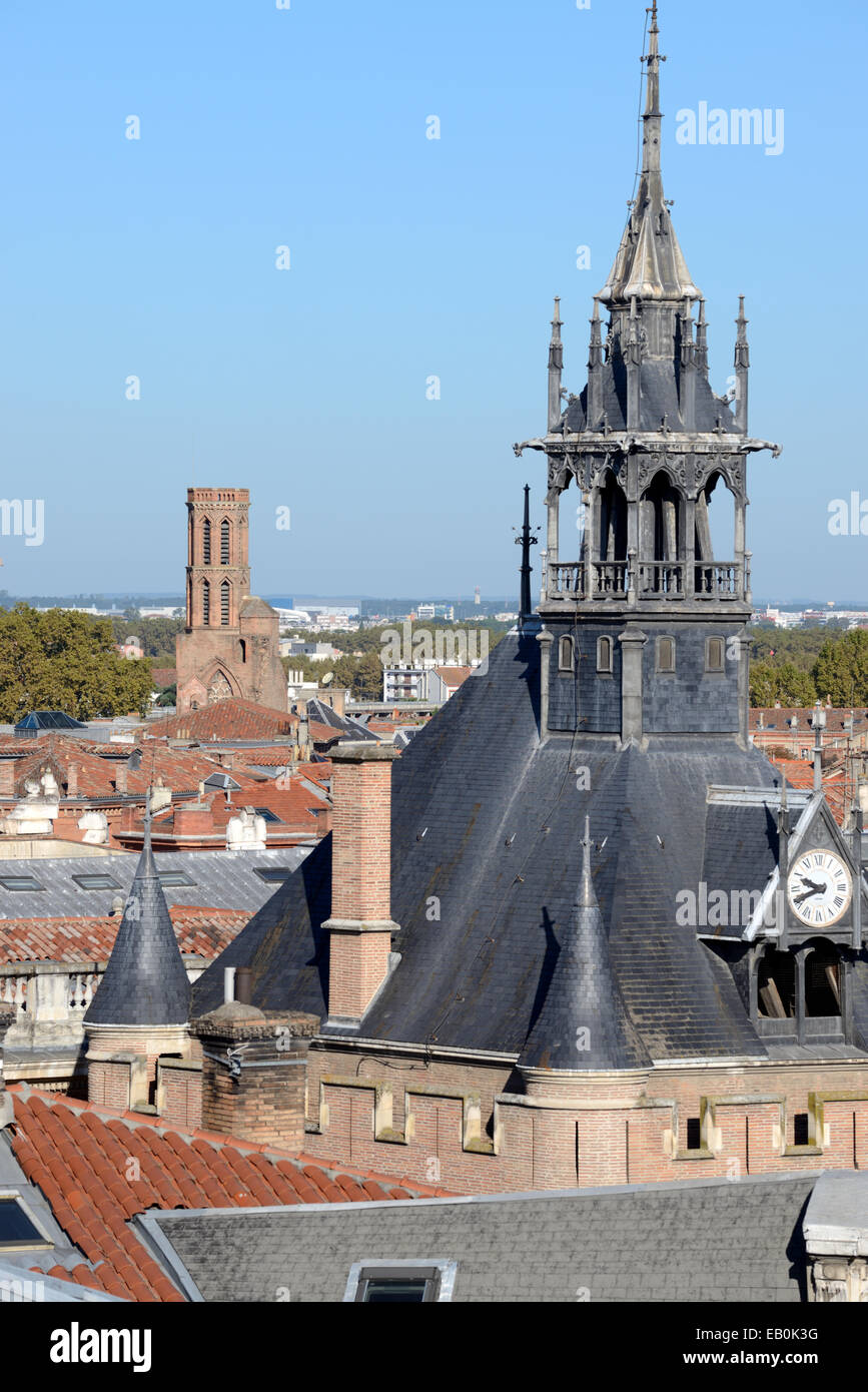 View over Rooftops & the c19th Pinnacle of the Medieval Tower Dungeon or City Keep near the Capitole Toulouse France Stock Photo