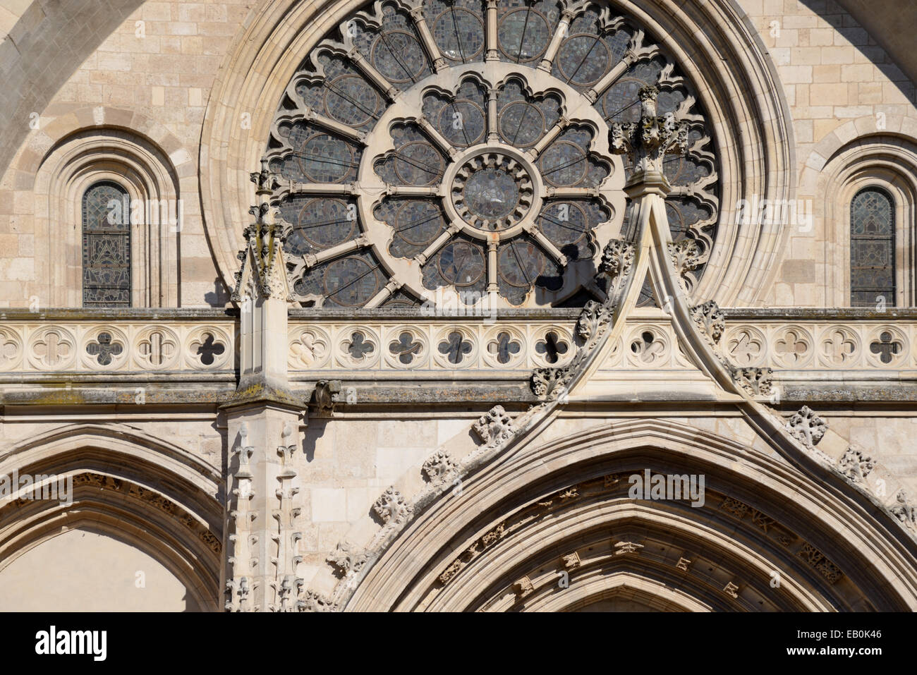 Gothic Rose Window & Details on West Facade of Saint Etienne Cathedral (c13-17th) Toulouse France Stock Photo