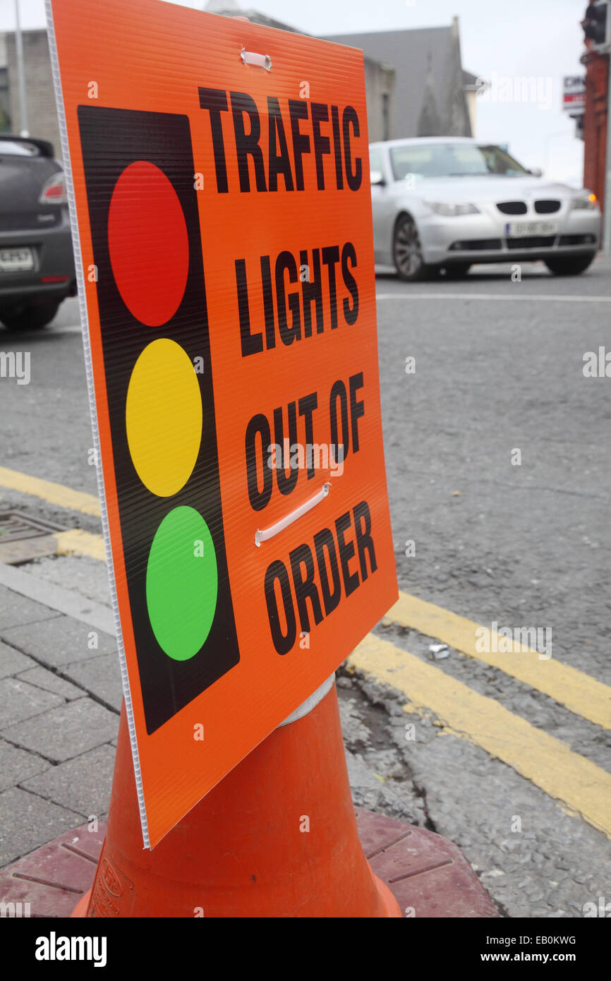 Traffic Lights Out of Order sign at a street junction, Athlone, Ireland