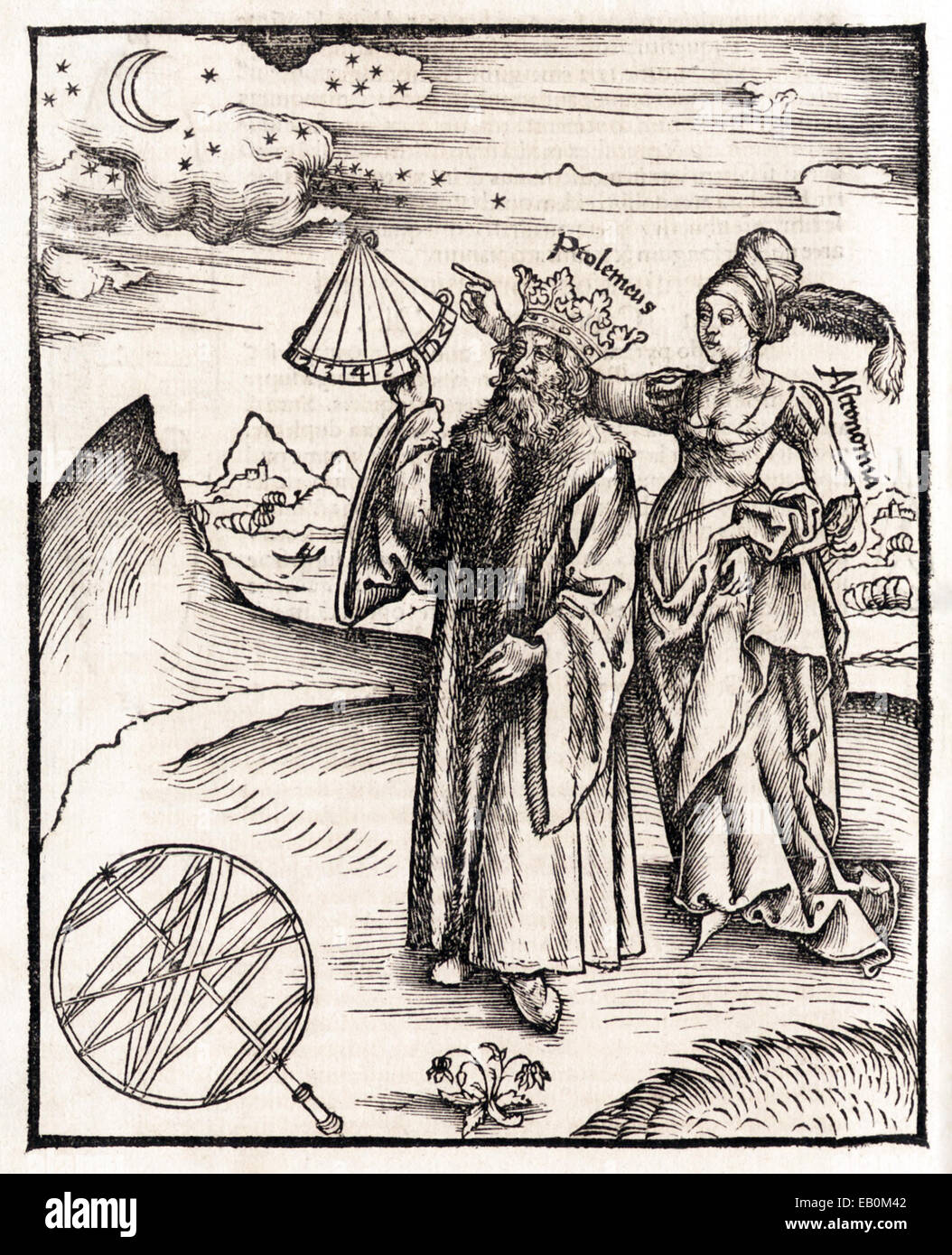 Woodcut portrait of Claudius Ptolemy (90-168AD) & Astronomia the