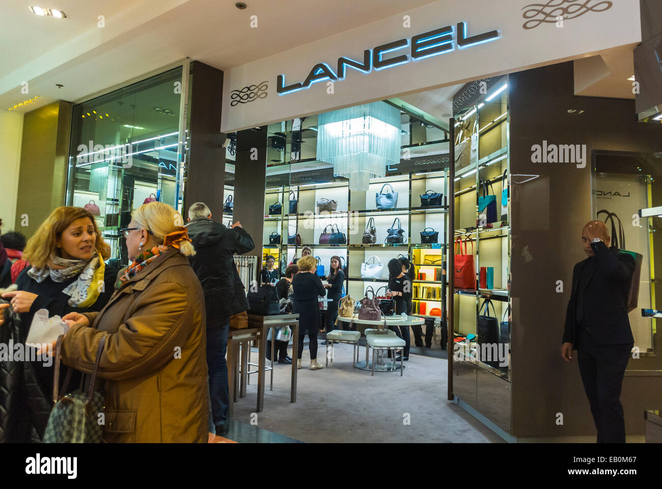 Paris, France, Women Shopping inside French Department Store, Luxury Stores, 'Lancel' Galeries Lafayettes, haute couture interior Stock Photo