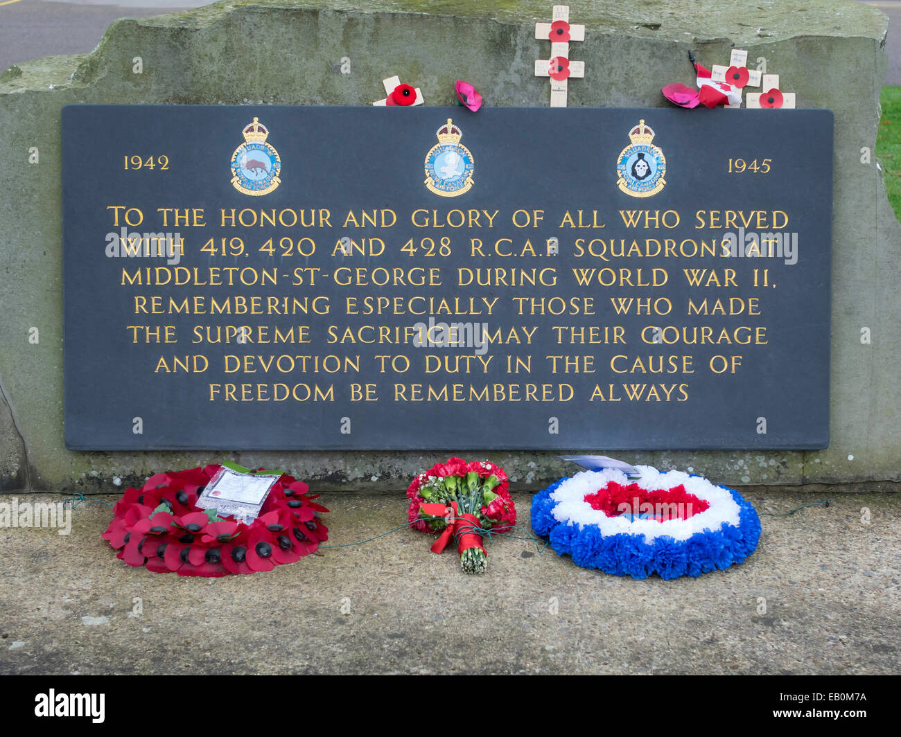 A WW2 war memorial at Durham Tees Valley Airport honouring the RAF and RCAF air crews when it was Middleton St. George Air Base Stock Photo