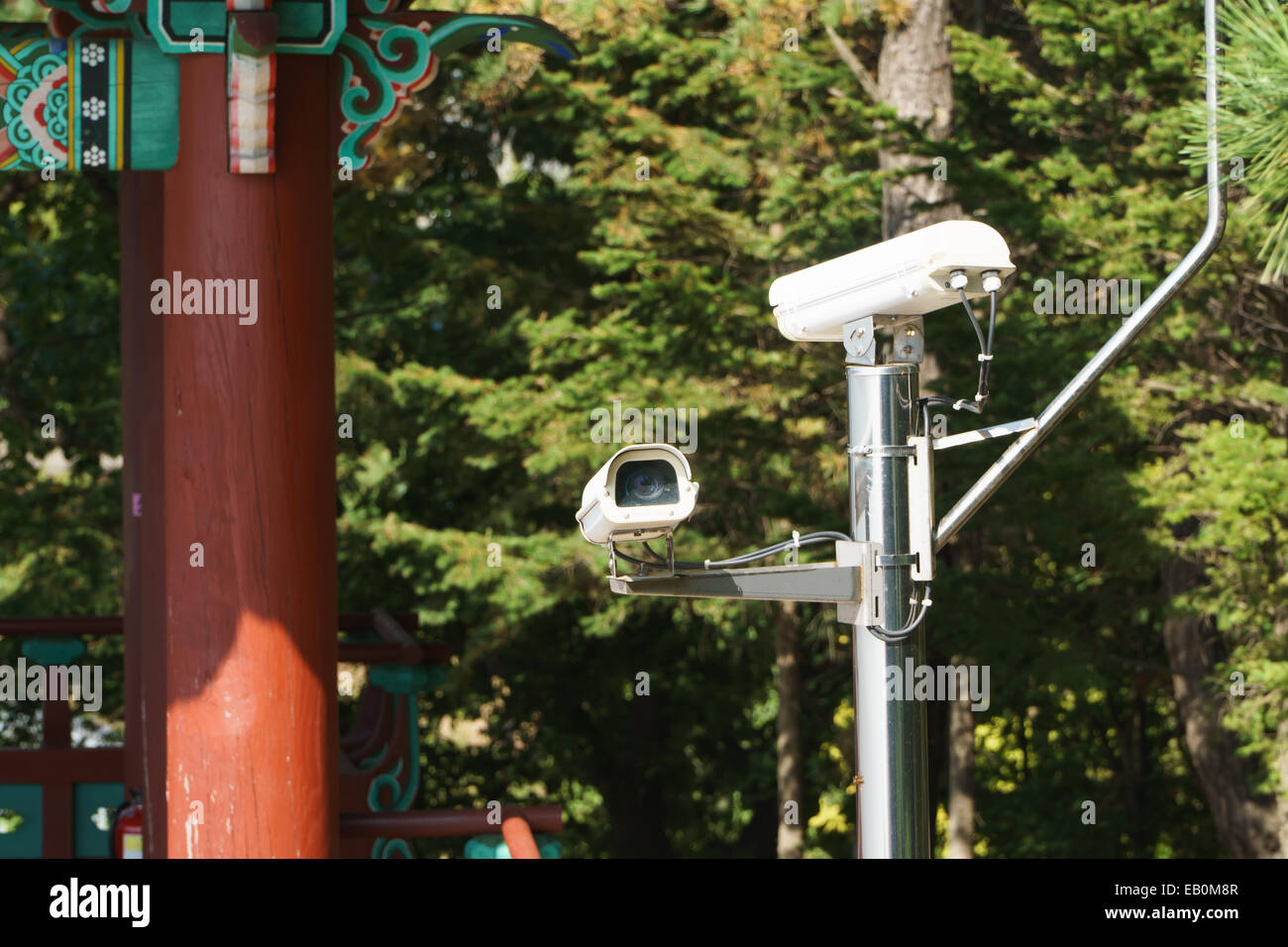 cctv cameras on a pole in outdoor Stock Photo