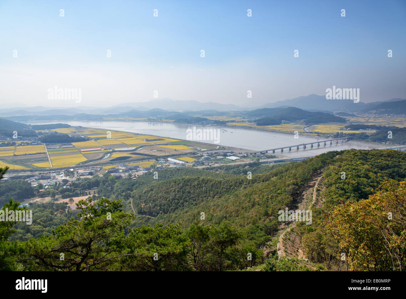 View of Ganghwa island and Gimpo plain from Munsu Mountain fortress in Korea Stock Photo