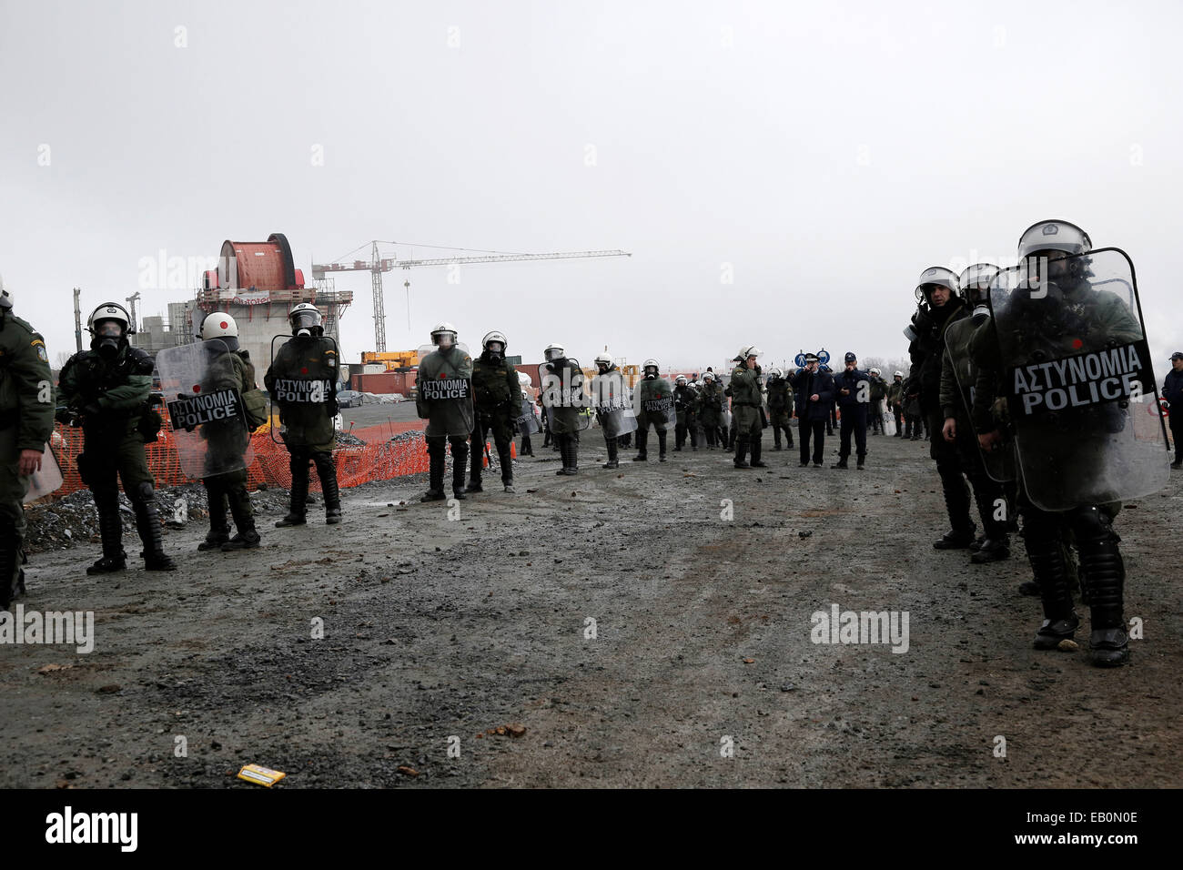 Skouries, Chalkidiki peninsula, Greece. 23rd November, 2014. Clashes between demonstrators and police during protest rally against gold mining in Skouries area on Mount Kakkavos in Chalkidiki peninsula, northern Greece on November 23, 2014. Credit:  Konstantinos Tsakalidis/Alamy Live News Stock Photo