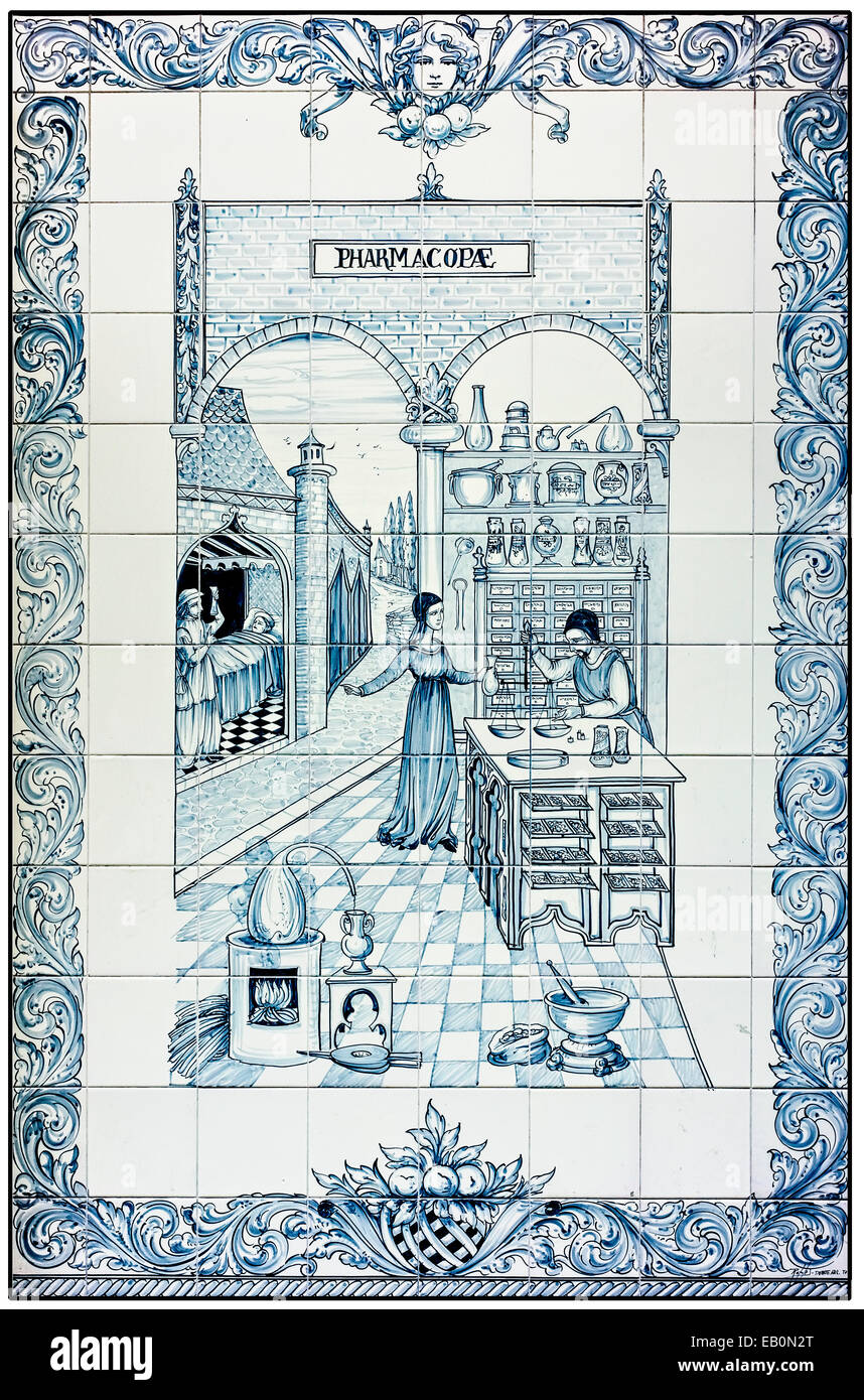 Old Tiling depicting ancient Pharmacy in Madrid, Spain Stock Photo