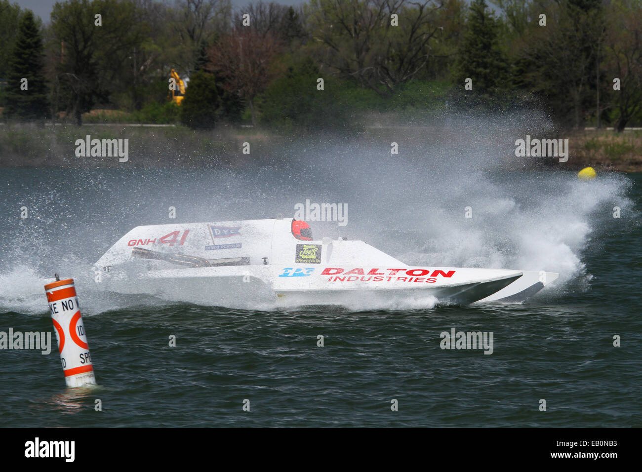 Water splash created by race boat GNH41. Near No Wake Zone bouy. 2014 APBA, American Power Boat Association, Test and Tune day a Stock Photo