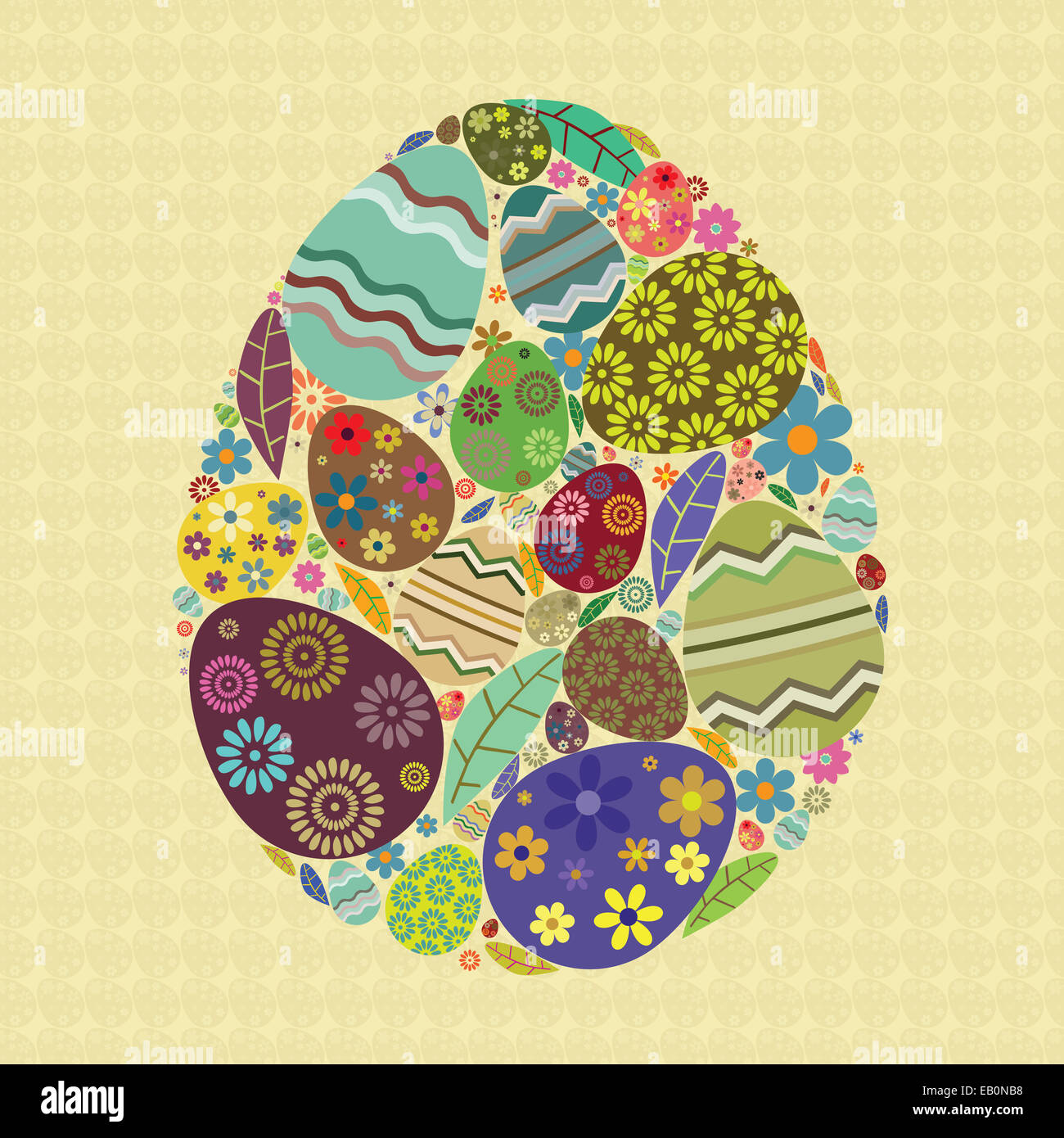 Colorful Easter egg with smaller eggs and other graphic elements inside. Isolated on yellow Easter egg pattern Stock Photo