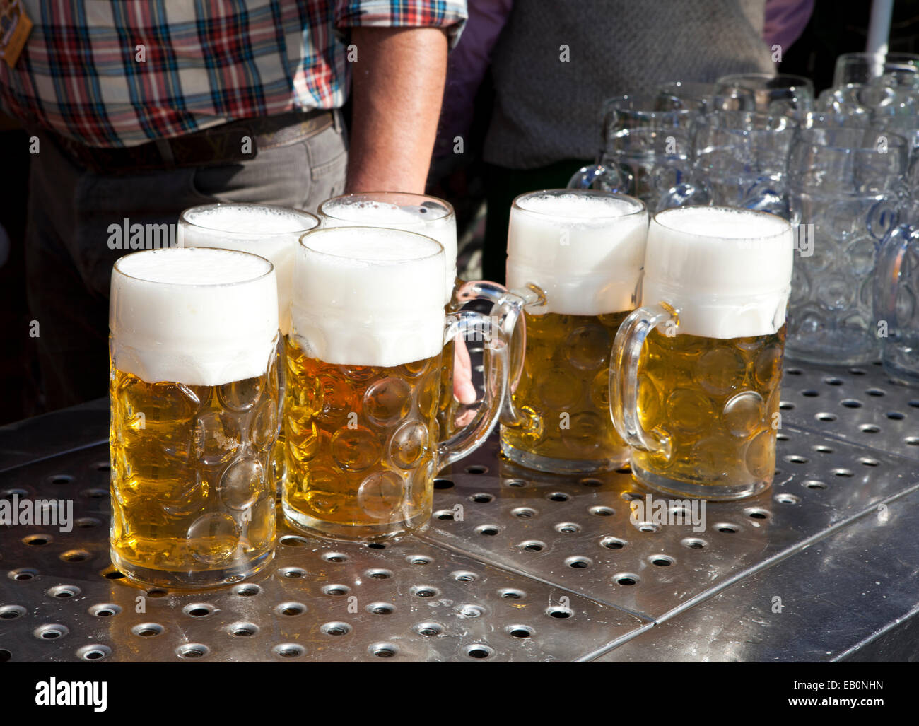 several fresh beer at Oktoberfest in Munich Stock Photo